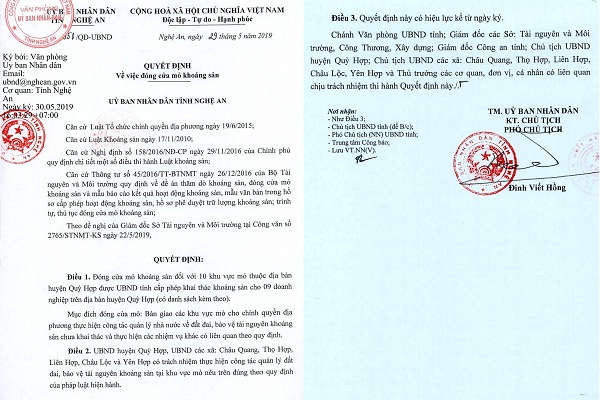 Quyết định đóng cửa 10 điểm mỏ của UBND tỉnh Nghệ An
