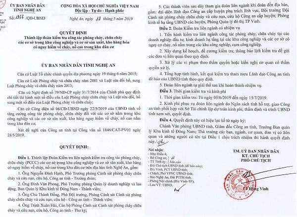Quyết định thành lập đoàn kiểm tra liên ngành kiểm tra công tác phòng cháy, chữa cháy trên địa bàn tỉnh Nghệ An