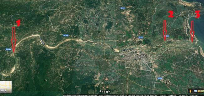 (1) đập Thạch Nham, (2) đập dâng hạ lưu sông Trà Khúc, (3) cửa Đại sông Trà Khúc - Ảnh chụp từ Google maps