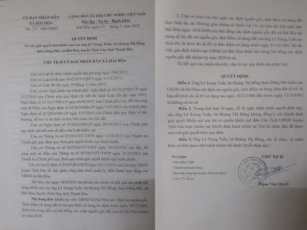 UBND xã Hải Hòa không căn cứ vào kết quả của cuộc họp lấy ý kiến người dân và nhất quyết khẳng định: Nguồn gốc đất của hộ bà Hoàng Thị Bổng sử dụng sau ngày 18/12/1980 đến trước ngày 15/10/1993.