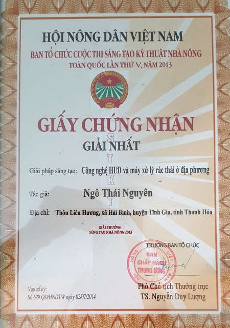 Ông Ngô Thái Nguyên đạt giải nhất giải thưởng sáng tạo Nhà nông 2013