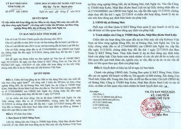 Quyết định chấm dứt dự án của UBND tỉnh Nghệ An