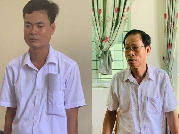 Hai đối tượng Bùi Ngọc Châu (trái) và Trương Thanh Thụ bị khởi tố vì hành vi lập hồ sơ khống để chia nhau 300 triệu đồng.