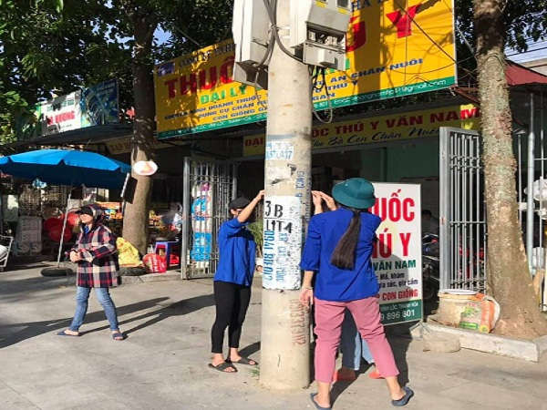Các thanh niên tình nguyện đang bóc gỡ những tờ quảng cáo được dán nham nhở trên các cây cột điện.