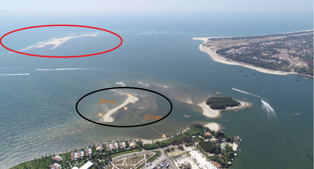 Biển Cửa Đại lại xuất hiện đảo cát mới, cách từ bờ khoảng 230m; chiều dài khoảng 200m