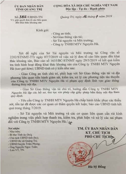 Lãnh đạo UBND tỉnh Quảng Trị chỉ đạo các sở, ngành và địa phương kiểm tra, xử lý sai phạm của Công ty TNHH MTV Nguyên Hà