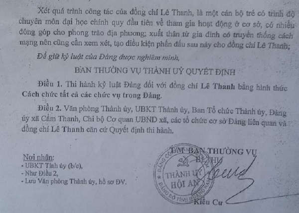 1. Quyết định kỷ luật của Thành ủy Hội An đối với ông Lê Thanh