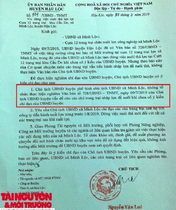 UBND huyện Hậu Lộc vừa phê bình Chủ tịch UBND xã Minh Lộc vì để cho các chủ trang trại nhập lợn nuôi khi chưa có ý kiến chỉ đạo của UBND huyện.