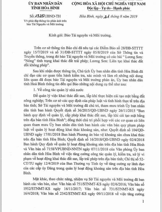 Văn bản số 1325/UBND-TH của UBND tỉnh Hòa Bình gửi đến báo Tài nguyên và Môi trường