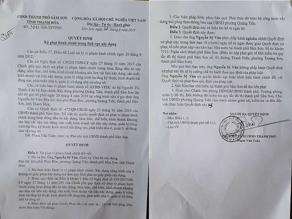 Sau khi Báo TN&MT có bài phản ánh, UBND TP. Sầm Sơn đã kiểm tra, xử phạt và yêu cầu trả lại nguyên trạng ban đầu.