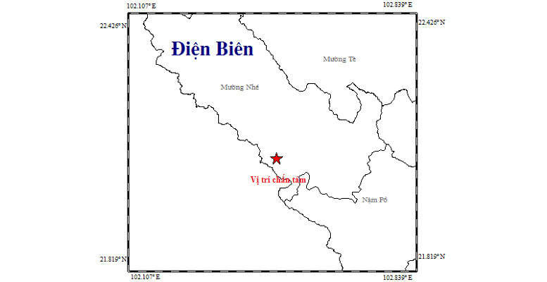Vị trí chấn tâm trận động đất xảy ra tại huyện Mường Nhé.