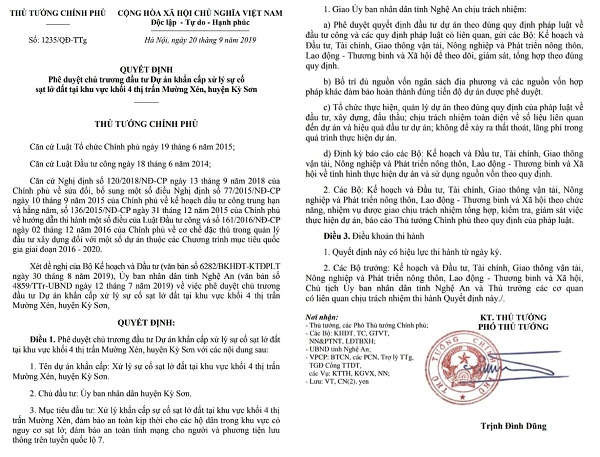 Quyết định phê duyệt 48 tỷ đồng để xử lý khẩn cấp sạt lở tại khối 4, thị trấn Mường Xén (huyện Kỳ Sơn)