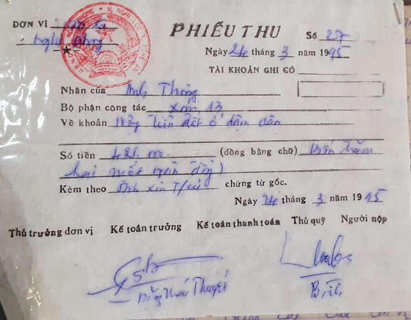 Phiếu thu tiền đất 421 nghìn đồng của UBND xã Nghi Phong đối với anh Thông
