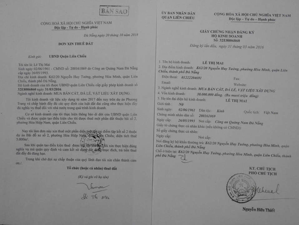Đơn xin thuê đất và địa điểm kinh doanh trong Giấy chứng nhận đăng ký hộ kinh doanh của bà Lê Thị Mai không cùng 1 địa chỉ