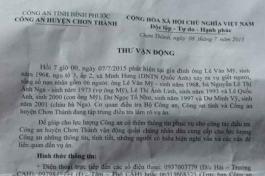 Vụ thảm sát kinh hoàng ở Bình Phước: Phát tờ rơi, công bố điện thoại đường dây nóng kêu gọi dân cung cấp thông tin