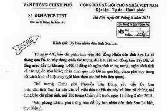 Thủ tướng Chính phủ yêu cầu Sơn La báo cáo việc xây tượng đài Bác Hồ