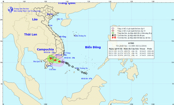 Áp thấp nhiệt đới đang vào vùng biển Bình Thuận – Vũng Tàu