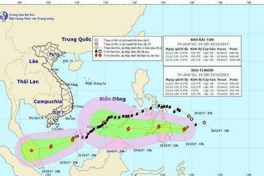 Thời tiết ngày 21/12: Bão Kaitak chưa qua, bão Tembin lại sắp tới