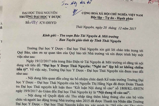 Hồi âm bài báo: Đại học Y – Dược Thái Nguyên “Nghi án” lập hồ sơ khống chiếm dụng tiền tỷ