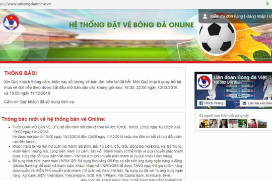 Chung kết AFF Cup 2018: Mua vé online, chưa bấm được nút đã báo hết