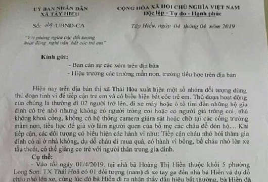 Nghệ An: Phát văn bản cảnh báo nạn bắt cóc trẻ em