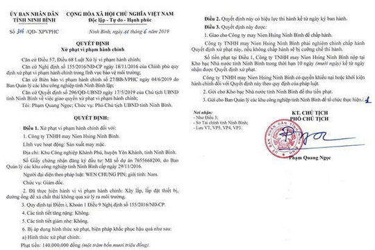 Ninh Bình: Xử phạt Cty may Nien Hsing vì lắp đặt đường ống xả thải “trộm”