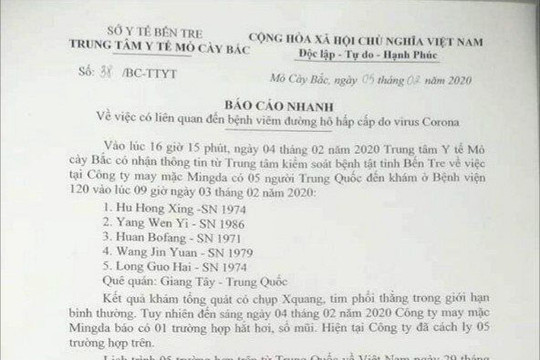 Bến Tre: Theo dõi, cách ly 6 người Trung Quốc nghi nhiễm nCoV 