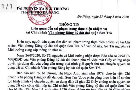 Lập Đoàn thanh tra việc giải quyết hồ sơ tại VPĐKĐĐ chi nhánh quận Sơn Trà (Đà Nẵng)