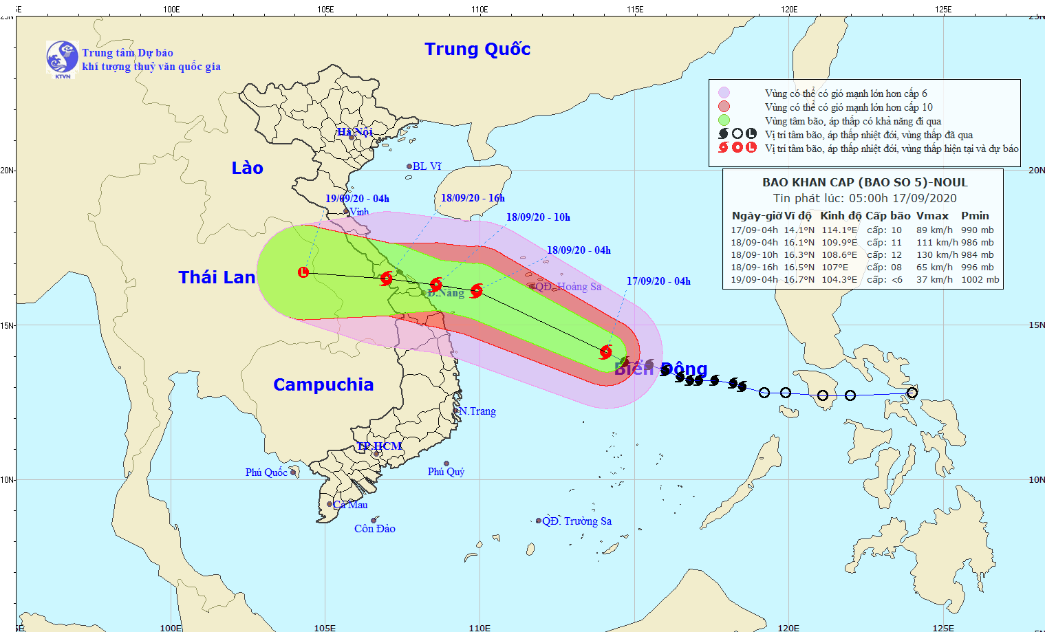 Bão số 5 cách quần đảo Hoàng Sa khoảng 380km, hướng vào các tỉnh Quảng Bình – Quảng Nam