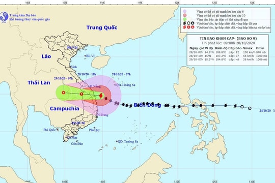 Bão số 9 lúc 9h ngày 28/10: Mới chỉ giảm 1 cấp, áp sát đất liền từ Đà Nẵng đến Phú Yên