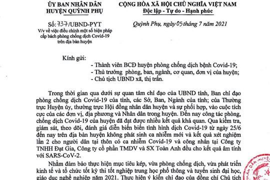 Thái Bình: Gỡ bỏ thực hiện giãn cách xã hội tại huyện Quỳnh Phụ