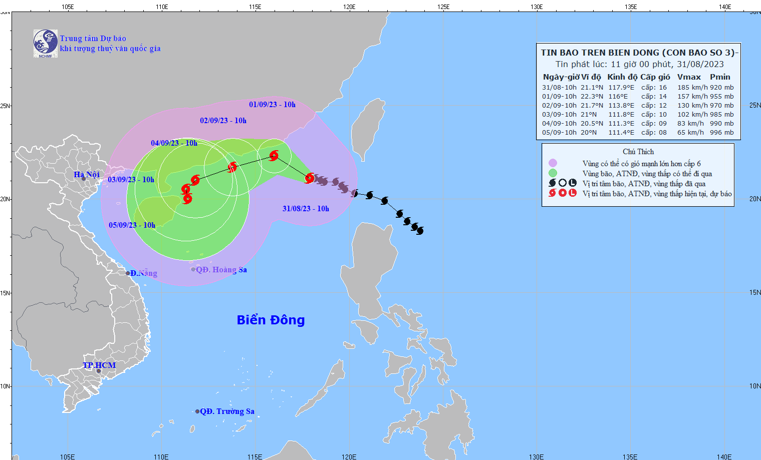 Bão số 3 lúc 11h ngày 31/8: Sóng biển phía Đông của Bắc Biển Đông vùng gần tâm bão có thể cao 10m
