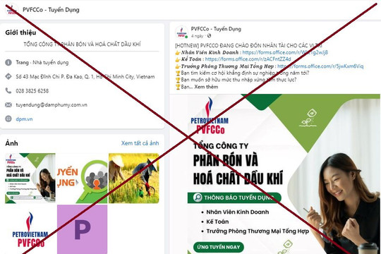 Cảnh báo Fanpage giả mạo danh nghĩa PVFCCo đăng thông tin tuyển dụng lừa đảo