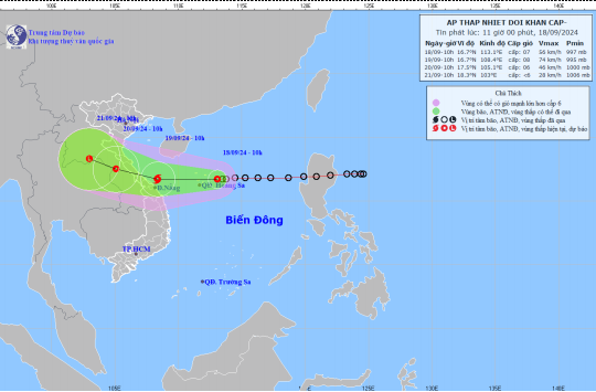 Sáng 19/9, vùng đất liền ven biển từ Hà Tĩnh đến Quảng Ngãi sẽ có gió mạnh cấp 8, giật cấp 10