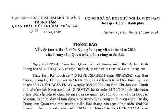 Trung tâm Quan trắc môi trường miền Bắc tạm hoãn tổ chức Kỳ tuyển dụng viên chức năm 2024