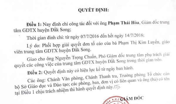 Đắk Nông: Đình chỉ công tác Giám đốc Trung tâm GDTX huyện Đắk Song