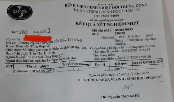 Bệnh nhân nghi tái dương tính ở Hà Nội có kết quả xét nghiệm âm tính với SARS-CoV-2