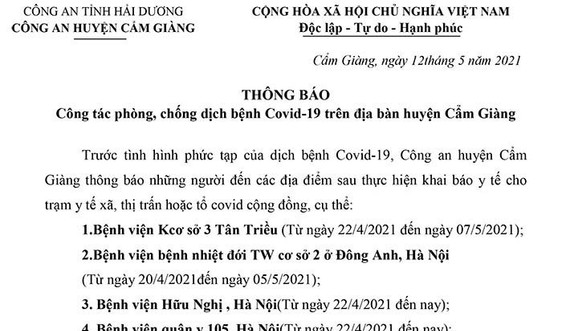 Công an huyện Cẩm Giàng (Hải Dương): Thông báo tìm người đến các địa điểm có ca dương tính với SARS-CoV-2