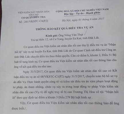 Ea Kar- Đắk Lắk: Tuyên án vắng mặt người tố cáo Phó chánh án nhận tiền chạy án