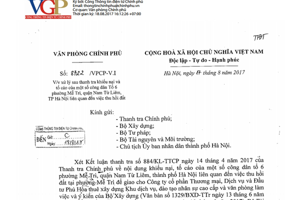 Phó Thủ tướng yêu cầu TP Hà Nội xử lý sau thanh tra khiếu nại của công dân phường Mễ Trì
