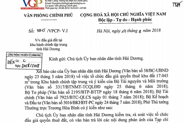 Kiểm tra việc đấu giá quyền thuê đất tại khu hành chính tập trung tỉnh Hải Dương