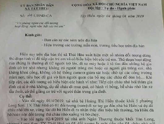 Nghệ An: Phát văn bản cảnh báo nạn bắt cóc trẻ em