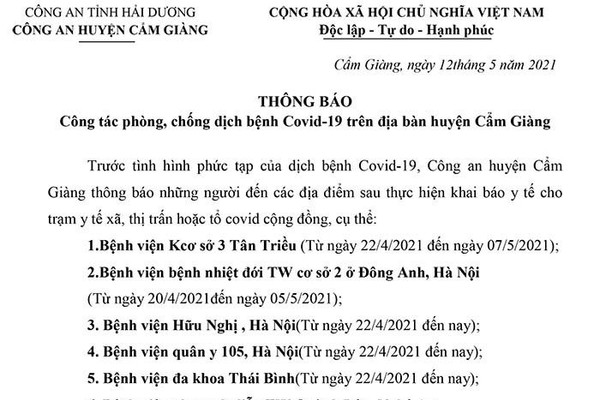 Công an huyện Cẩm Giàng (Hải Dương): Thông báo tìm người đến các địa điểm có ca dương tính với SARS-CoV-2