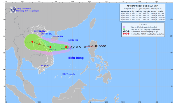 Sáng 19/9, vùng đất liền ven biển từ Hà Tĩnh đến Quảng Ngãi sẽ có gió mạnh cấp 8, giật cấp 10