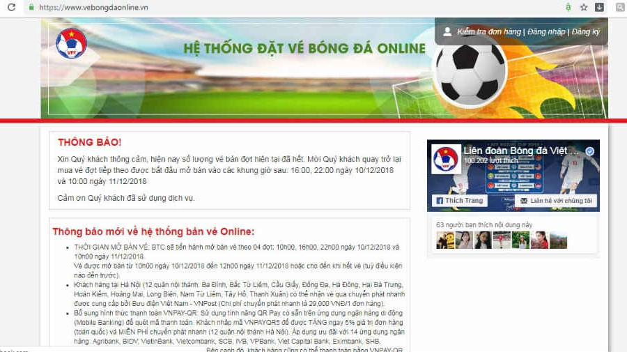 Chung kết AFF Cup 2018: Mua vé online, chưa bấm được nút đã báo hết