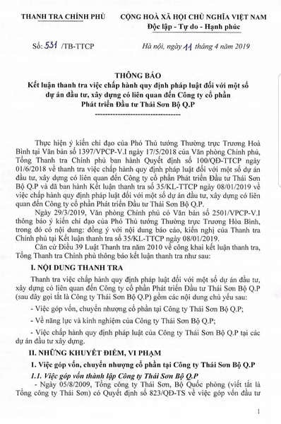 Công ty CP Phát triển Đầu tư Thái Sơn Bộ Q.P: Nhiều sai phạm cần được điều tra làm rõ