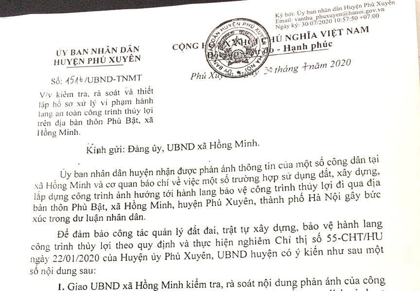 Phú Xuyên, Hà Nội: Tập trung kiểm tra, xử lý vi phạm hành lang an toàn thuỷ lợi tại xã Hồng Minh