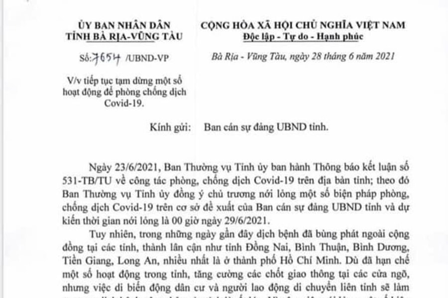 Bà Rịa – Vũng Tàu: Tiếp tục dừng một số hoạt động để phòng chống dịch Covid -19