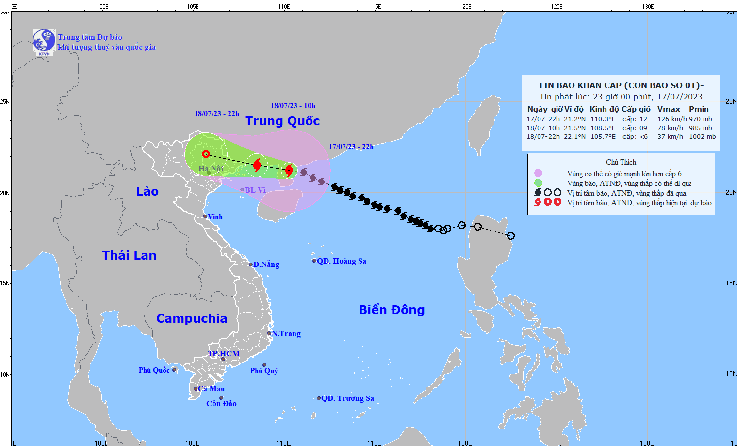 Bão số 1 lúc 22h ngày 17/7: 
Cách Móng Cái (Quảng Ninh) khoảng 290km