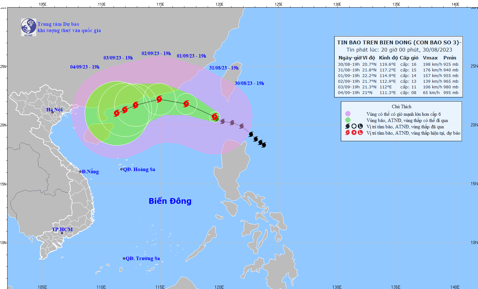 Bão số 3 lúc 19h 30/8: Cách Hồng Kông (Trung Quốc) khoảng 620km về phía Đông Đông Nam